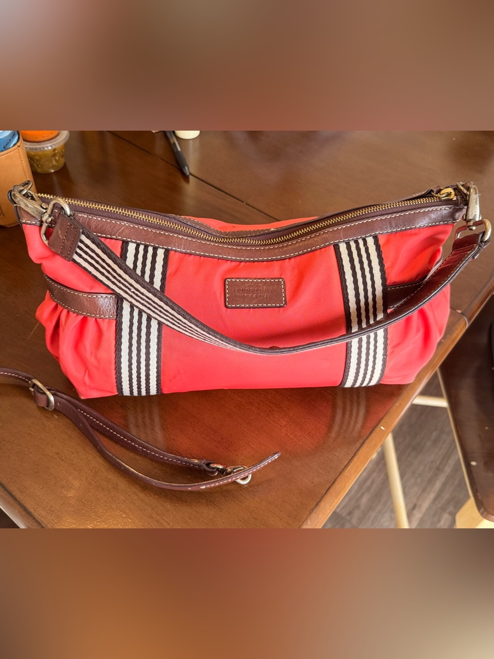 Burberry Blue Label Red Nylon and Leather Shoulder Bag with Removable strap
